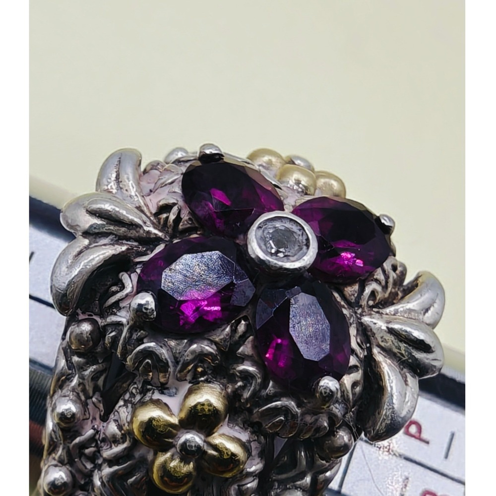 Barbara Bixby Sterling Silver 18K Gold Garnet White Topaz Floral Ring. Size 7 - Picture 7 of 11